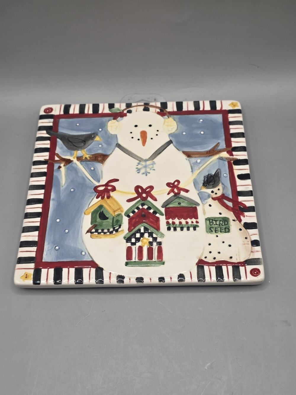 DEBBIE MUMM Sakura Snowman Ceramic Trivet Hot Plate Wall Hanging Winter Birds